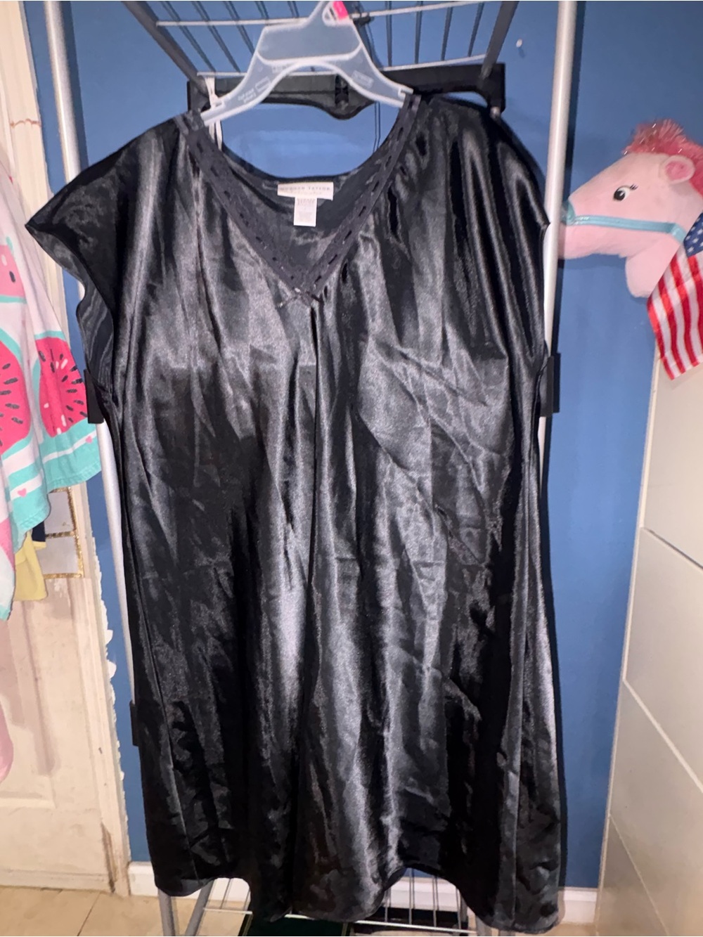 Morgan Taylor Black Satin Slip Top with Lace Trim